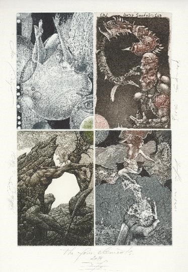 Ex libris vierluik van de Bulgaren Julian Jordanov, Hristo Kerin, Hristo Naidenov en Edward Penkov voor Bert Groeneveld –ets/aquatint – 2009/ 2013.